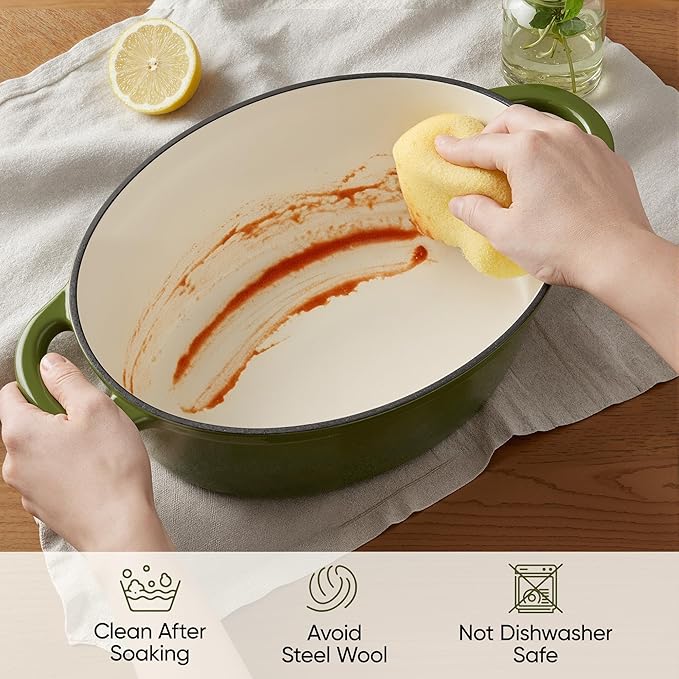 Oval Dutch Oven for Bread Baking, 4.5 Quart Non Stick Enameled Cast Iron Dutch Oven Pot with Lid, Oven Safe Oval Casserole with Lid up to 500°F for Baking, Braising, Stews, Roasting, Golden Green