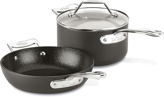 All-Clad Essentials Hard Anodized Nonstick Fry & Sauce Pan Set 8.5 Inch , 2.5 Quart Oven Broiler Safe 500F Pots and Pans, Cookware Black