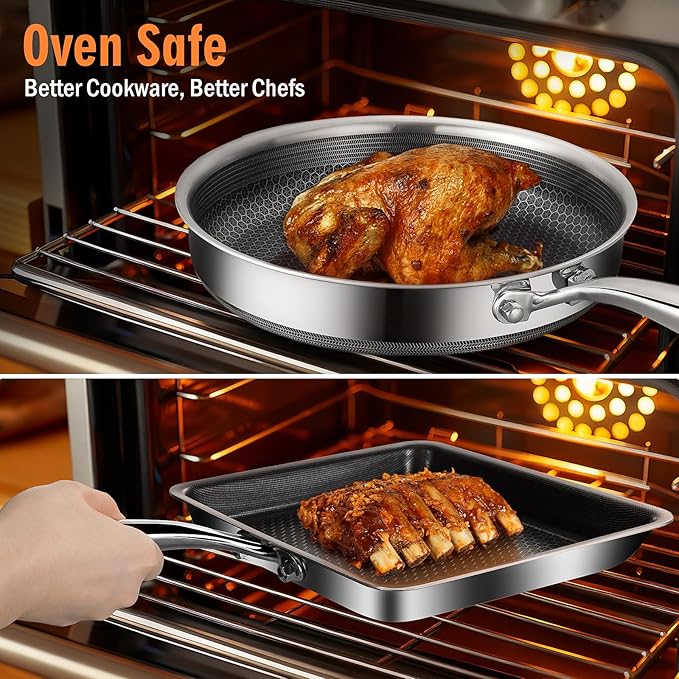 AOSION Nonstick Frying Pans Set,Hybrid Skillets Set with Lid(8+10+9+12inch), Hybrid Stainless Steel Frying Pans Set of 3 for Cooking,PFAS/PFOA Free Cookware Sets,Induction Compatible.