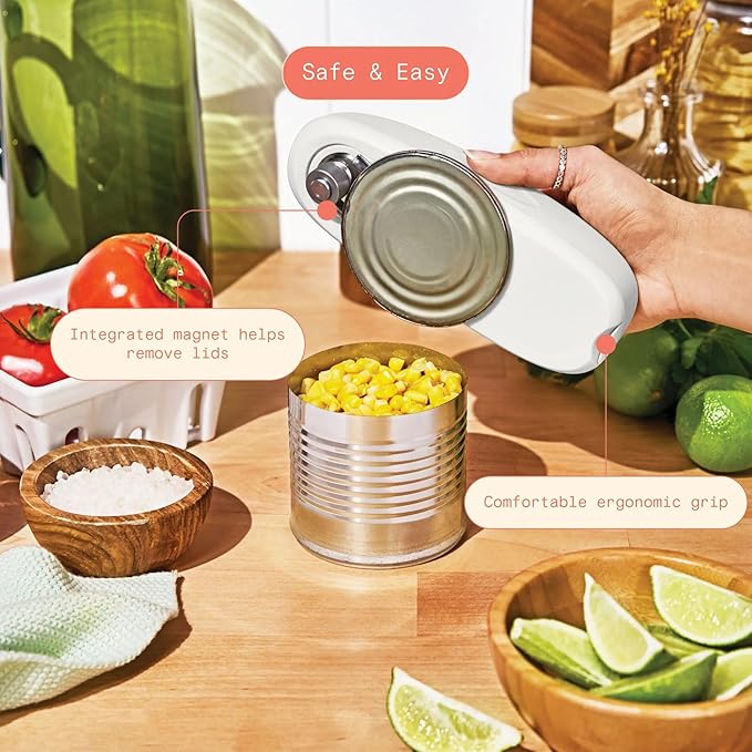 Beautiful by Drew Barrymore Battery Powered Electric Can Opener - Smooth Edge, No Sharp Edges, One-Touch Operation - Kitchen Gadgets, Kitchen Essentials for Seniors, RV Must Haves (White Icing)
