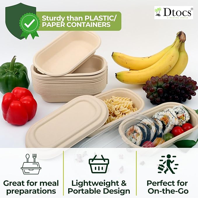 Dtocs Disposable Meal Prep Containers with Lids 28 oz (50 Pack) – Heavy Duty Bamboo Fiber Food Containers | Leak Resistant, Microwave & Freezer Safe No Plastic To Go Boxes for Catering, Takeout Meals