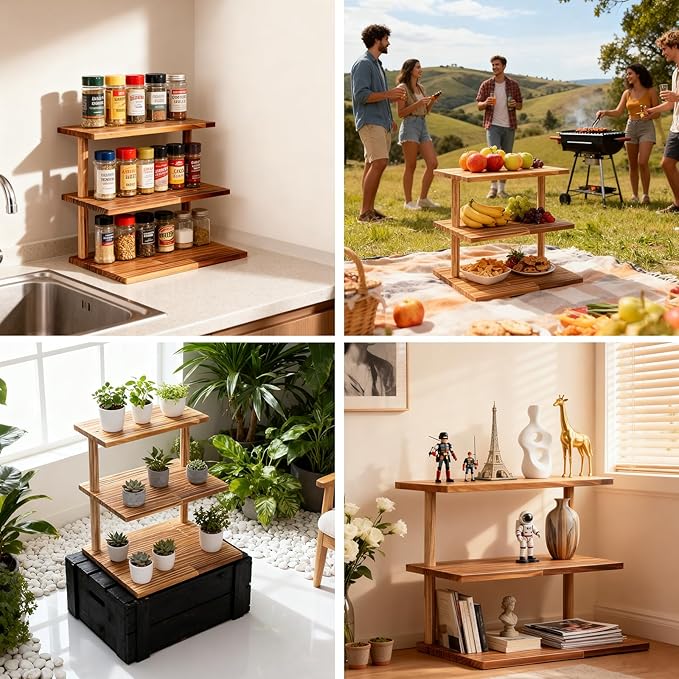 Upgraded Countertop Coffee Station Organizer, 3 Tier Wooden Shelf for Coffee Bar Accessories, Condiment Storage Caddy for Kitchen, Display Rack for Cupcake Tea Cups Kitchen Office