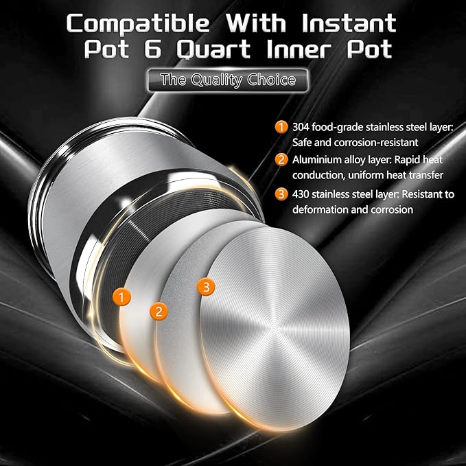 6 Quart Stainless Steel Inner Pot, Compatible with Instant Pot 6 Quart Certain Models, 0 coating, Includes 1 6 QT Inner Pot and 1 Steamer Basket.3 Year Warranty.Not Compatible With CrockPot.