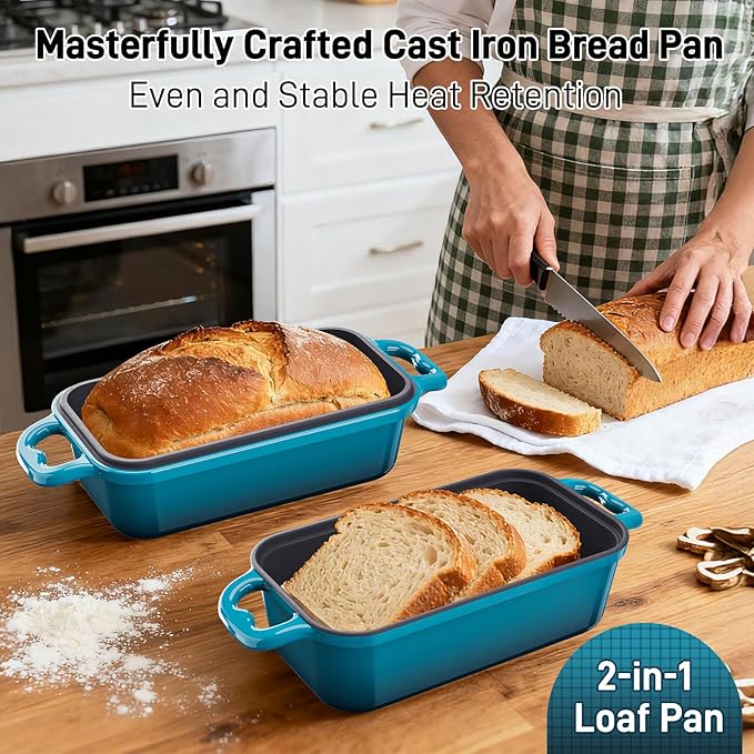 Enameled Cast Iron Sourdough Bread Dutch Oven, 9x5 Inch Loaf Cast Iron Bread Pan for Homemade Bread Baking, Sourdough Baking Pans, Meatloaf Pan with Lid, 2 Piece set, Emerald