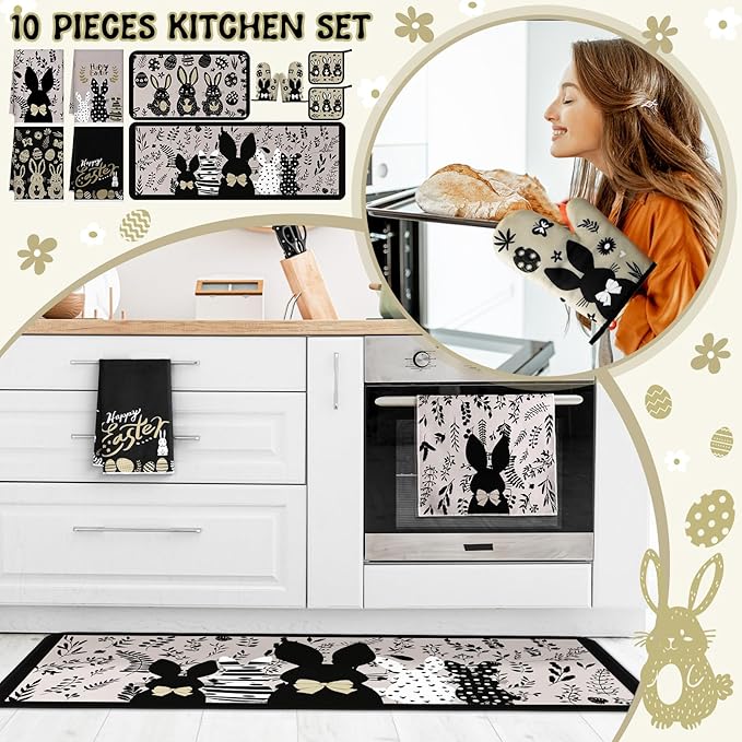 10 Pcs Easter Kitchen Decor Set Easter Kitchen Towels Oven Mitts and Pot Holder Spring Bunny Eggs Flowers Rugs and Mats Black Rabbit Gloves Potholders for Farmhouse Rustic Baking Cooking BBQ