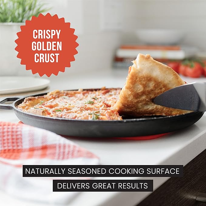 Chef Pomodoro Cast Iron Pizza Pan, Pre-Seasoned 12 inch Cast Iron Skillet with Handles, Dosa Pan for Dosa Tawa Roti, Crepe Pan, Comal for Tortillas, Baking Stove, Oven, Grill BBQ and Campfire
