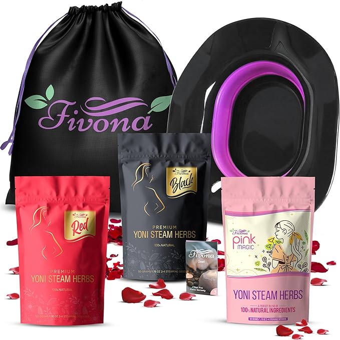 Fivona 5-in-1 Yoni Steaming Kit Foldable Over The Toilet Steamer Seat with Black Red Pink Premium Yoni Herbs and Storage Bag - Effective Detox pH Balance Cleansing and Relaxation - at Home V-SPA