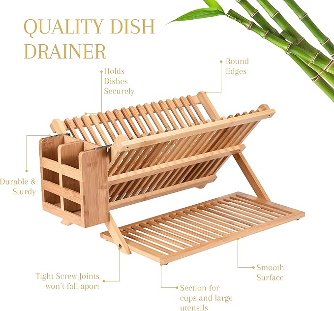 2LB Depot Bamboo Dish Drying Rack - Collapsible Wooden Drainer for Kitchen Counter - Wood Utensil Dryer - Foldable Dish Rack Holder Fit Up to 20 Plates - Folding Wood Kitchen Accessory