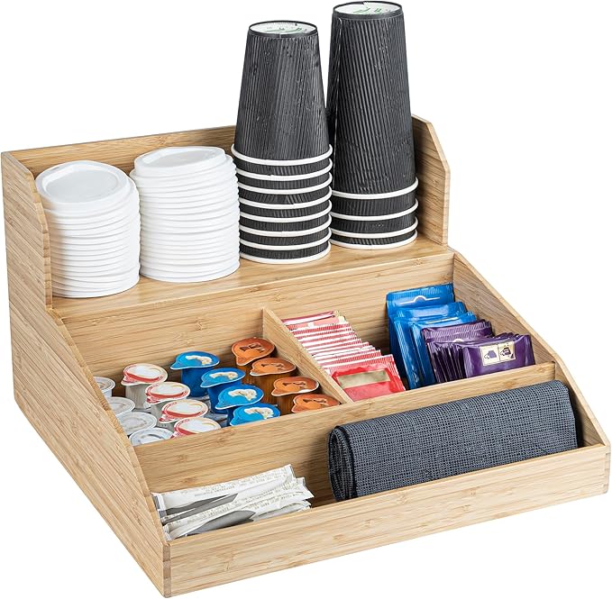 Restaurantware-15 x 14.25 x 9.25 Inch Coffee Condiment Organizer, 1 Countertop Tea Station Organizer - 3 Shelf, Heavy-Duty, Bamboo Coffee Bar Holder, For Breakrooms, Offices, or Homes,