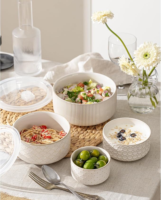 Mixing Bowls with Lids Set of 4, Ceramic Nesting Bowls, Embossed Mixing Bowl Set for Food Storage, Prep Bowl, Gift, Microwave and Dishwasher Safe, 10/18/33/50 OZ, Off-White