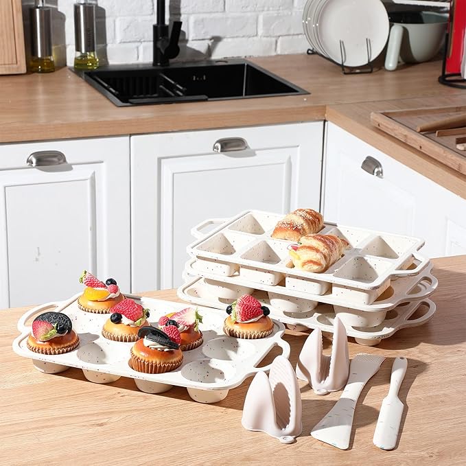 7 Pcs Silicone Baking Pan Set with 4 Molds (Loaf, Muffin, Mini Muffin, Round), Spatula, Dual-head Pastry Brush Oven Mitts Nonstick for Cupcakes Brownies Bread, Confetti Design