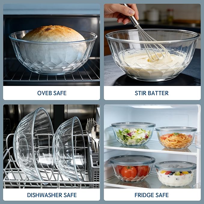 Thick Glass Mixing Bowls with Airtight Lids Set, 5-Piece Nesting Bowls for Baking & Meal Prep, BPA Free, Dishwasher Safe, 0.5/0.8/1.6/2.7/4.4 Quart - Gray