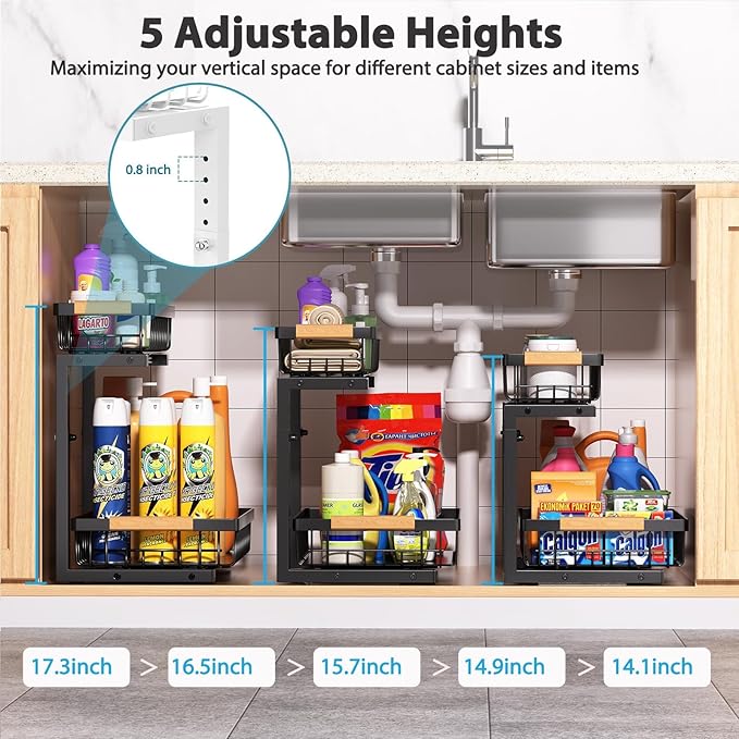 Under Sink Organizer 2 Pack, 2 Tier Slide Out Large Capacity Height Adjustable Under Sink Organizers and Storage for Kitchen Bathroom Cabinet, Black