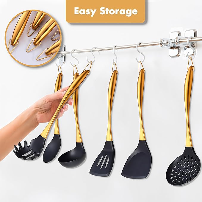 Silicone Cooking Utensils Set, 17pcs Kitchen Utensil Set with Rotatable Holder, Heat-Resistant Silicone Utensils for Cooking, Non-Stick Spatula Set with Stainless Steel Handle,Turner,Ladle (Gold)