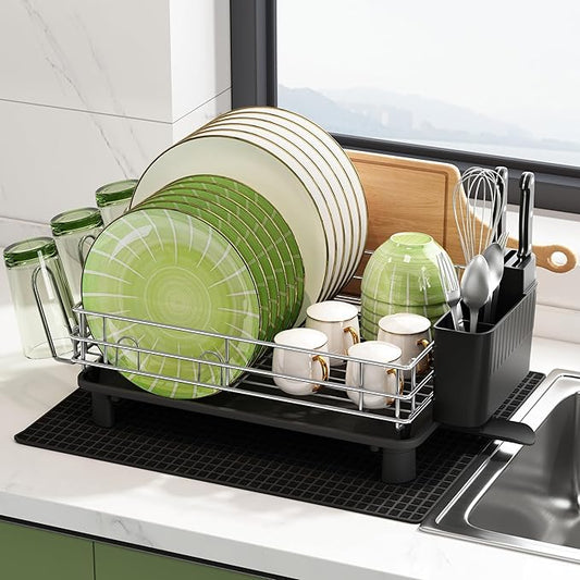 BOOSINY Grey Stainless Steel Dish Drainers Drying Rack for Kitchen Counter with Drainboard, Rust Proof Metal, Space Saving, Modern Aesthetic, Compact Plates Strainers with Extra Mat