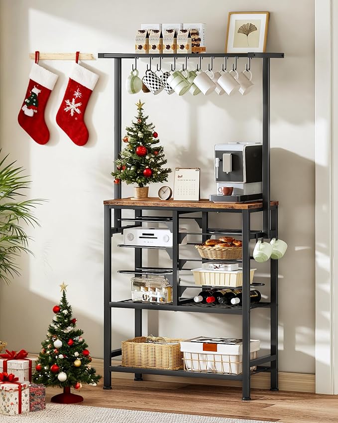 Pots and Pans Organizer Rack, Kitchen Bakers Rack, Multi-Tier Storage Shelf, Kitchen Island Table, Cooking Rack with Pots and Pans Storage, Rustic Brown and Black TPR60BF