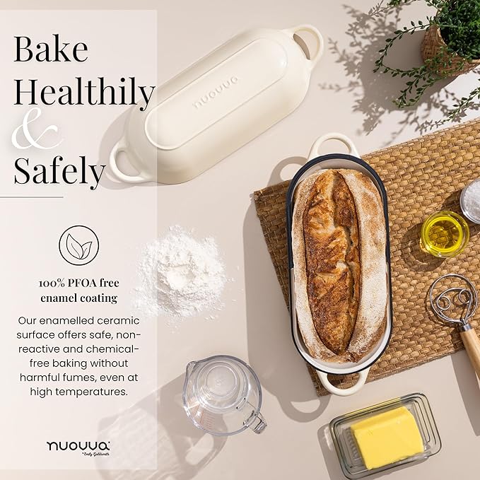 Enamelled Cast Iron Bread Loaf Pot – Dutch Oven For Sourdough Bread Baking – Oven Safe Non Stick Bread Pot – Rectangular, Cream, 34cm x 16cm – by Nuovva