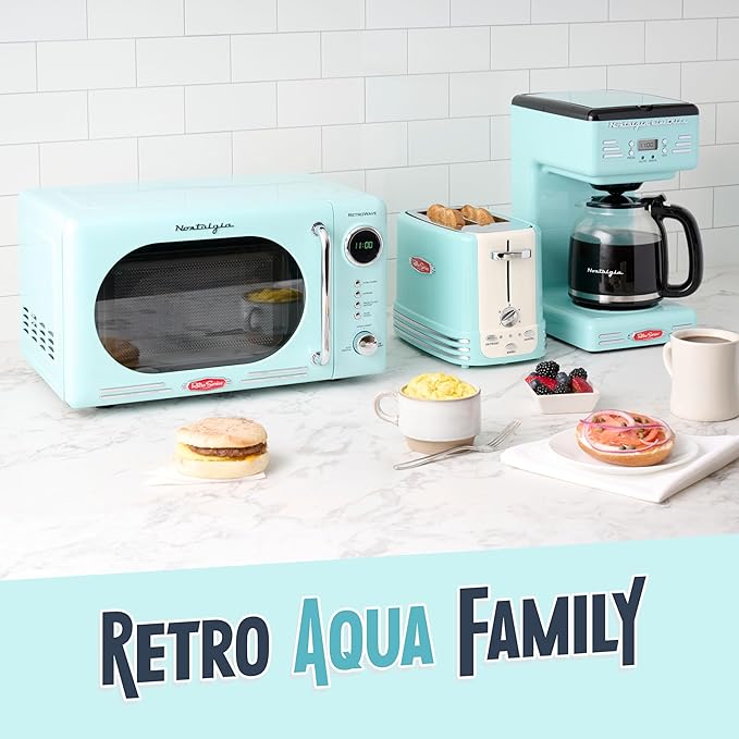 Nostalgia Retro Compact Countertop Microwave Oven, 0.7 Cu. Ft. 700-Watts with LED Digital Display, Child Lock, Easy Clean Interior, Aqua