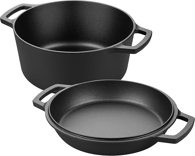 Pre-seasoned Cast Iron Double Dutch Oven Pot with Skillet Lid, Dual-handle, for Bread Baking, Outdoor, Campfire Cooking, include Sourdough Bread Baking Supplies like Banneton Bread Proofing Basket, 5 Quart