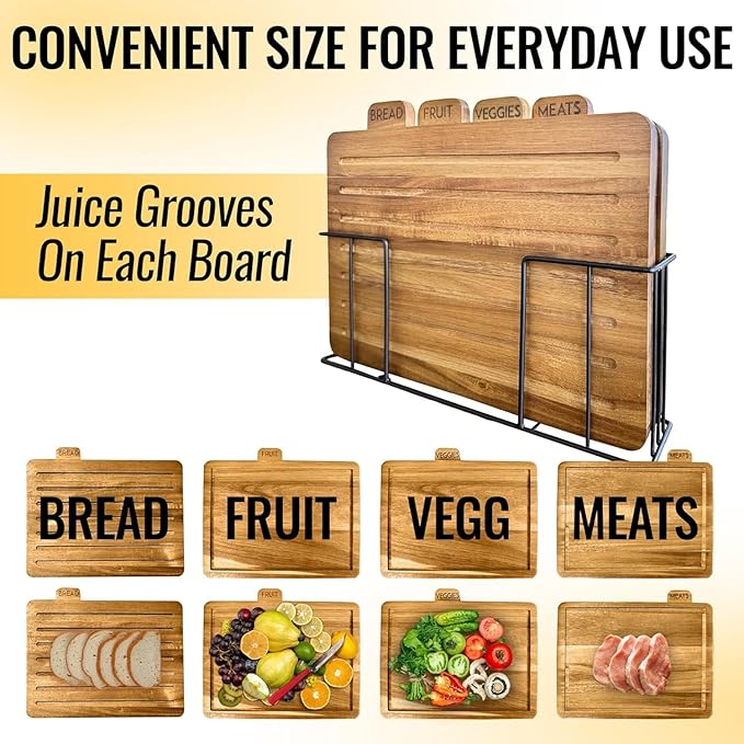 Acacia Cutting Boards for Kitchen with Holder 13" x 11" x 2.5" | Labeled Wood Cutting Board Sets | Large Wooden Cutting Board Set of 4 with Black Organized Stand | Non Toxic Chopping Board