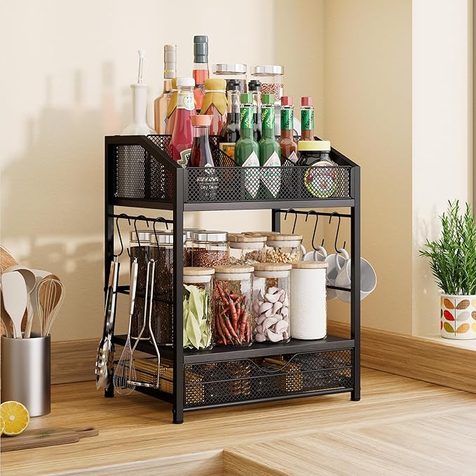 Coffee Bar Organizer - Countertop Coffee Station, 42 K Cup holder Storage Basket with Drawer and Hooks for Syrup, Cups, Stirrer, Condiment, Tea Organizer, Black