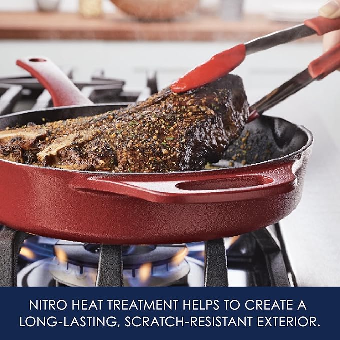 Rachael Ray NITRO Cast Iron Frying Pan/Skillet with Helper Handle and Pour Spouts, 10 Inch, Red