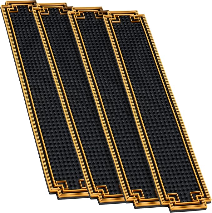 4 Pcs 24 x 4 Inch Bar Mat Non Slip Rubber Mat with Gold Border Durable Stylish Spill Cocktail Service Coffee Mats for Restaurants Barbershop Clippers Bartending, Black