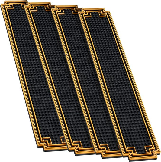 4 Pcs 24 x 4 Inch Bar Mat Non Slip Rubber Mat with Gold Border Durable Stylish Spill Cocktail Service Coffee Mats for Restaurants Barbershop Clippers Bartending, Black