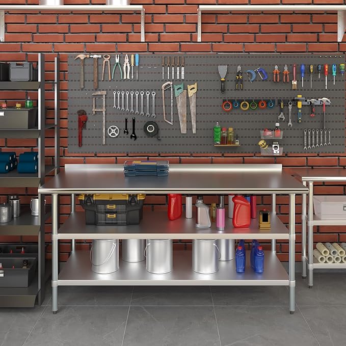 AmGood Stainless Steel Work Table with 1.5" Backsplash and 2 Shelves | Metal Kitchen Food Prep Table | NSF (72" Long x 30" Deep)