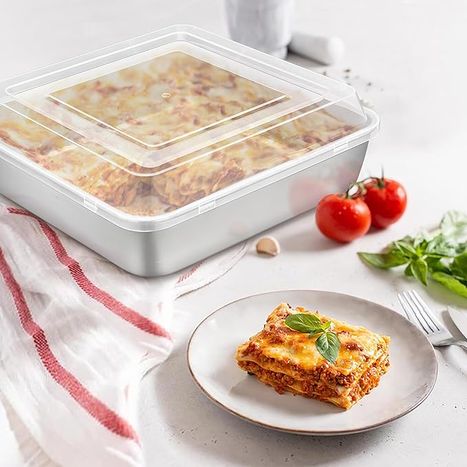 Herogo Baking Pan with Lid, 9''x 9'' Stainless Steel Nonstick Square Deep Cake Pan, Rectangle Cakes Bakeware for Brownies Casseroles, Non Toxic & Dishwasher Safe, Set of 2