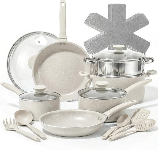 Granitestone 20 Pc Pots and Pans Set Non Stick Cookware Set with Steamer, Cooking Utensils and Pad Protectors, Stay Cool Handles, Oven and Dishwasher Safe