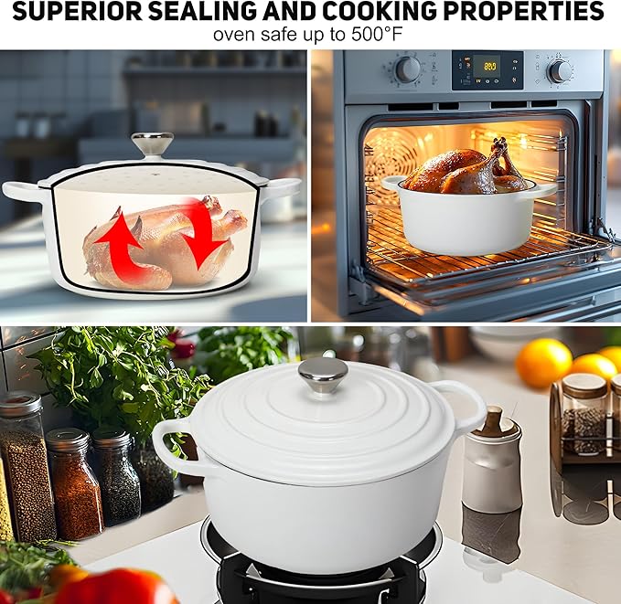 5QT Enameled Cast Iron Dutch Oven for Bread Baking with Lid, Sourdough Baking Supplies with Proofing Basket, Bread Making Tools Set, Heavy-Duty Cookware for Braising, Stews, Roasting (White)