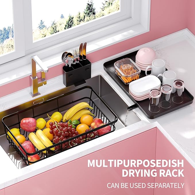 Dish Drying Rack for Kitchen Counter, Kitchen Dish Rack Black, Large Sink Dish Drainer Dryer Rack Small Space, Kitchen Dishes Strainer Drying Rack with Drain Board Cup Holder Cutlery Holder