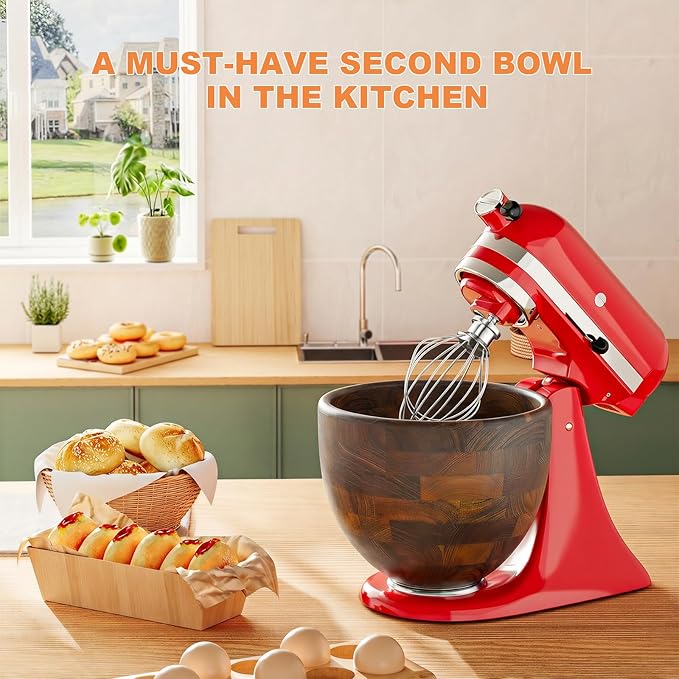 Premium Walnut Wood Mixing Bowl Compatible with KitchenAid 4.5 & 5 QT Tilt-Head Models
