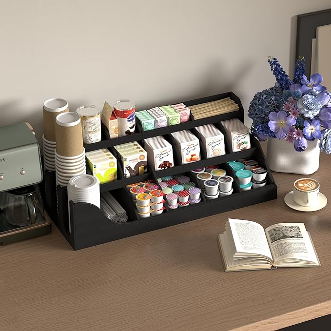Suli Exact Large Coffee Station Organizer,Wooden Countertop Pods Holder with Drawer,Storage for Condiment Syrup Tea Cups,Rustic Bar Decor for Accessories Organizer (3 Tiers 18 Compartments)-Black
