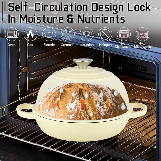 Enameled Cast Iron Bread Oven, Dutch Oven Pot with Lid, 10" Bread Dutch Oven for Sourdough Bread Baking, 6 Quarts Bread Pan with Dome Lid, Non-stick Cookware for Homemade Bread, Beige