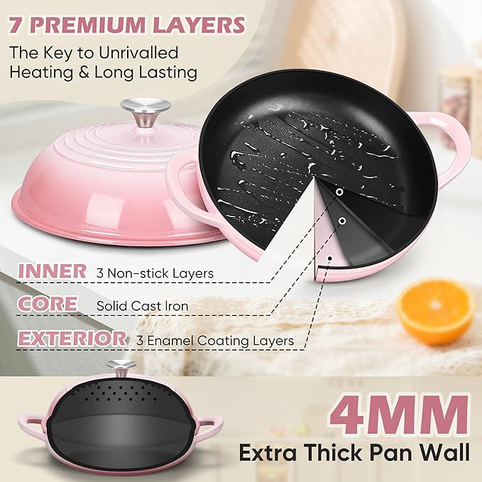 Bread Dutch Oven for Sourdough Baking (5.5 QT), Joyfair Enameled Cast Iron Dutch Oven Pot with Lid, Sourdough Bread Pan with Heavy Duty Dual Handles, Non-Stick & Even Heat, Oven-safe up to 500°F, Pink