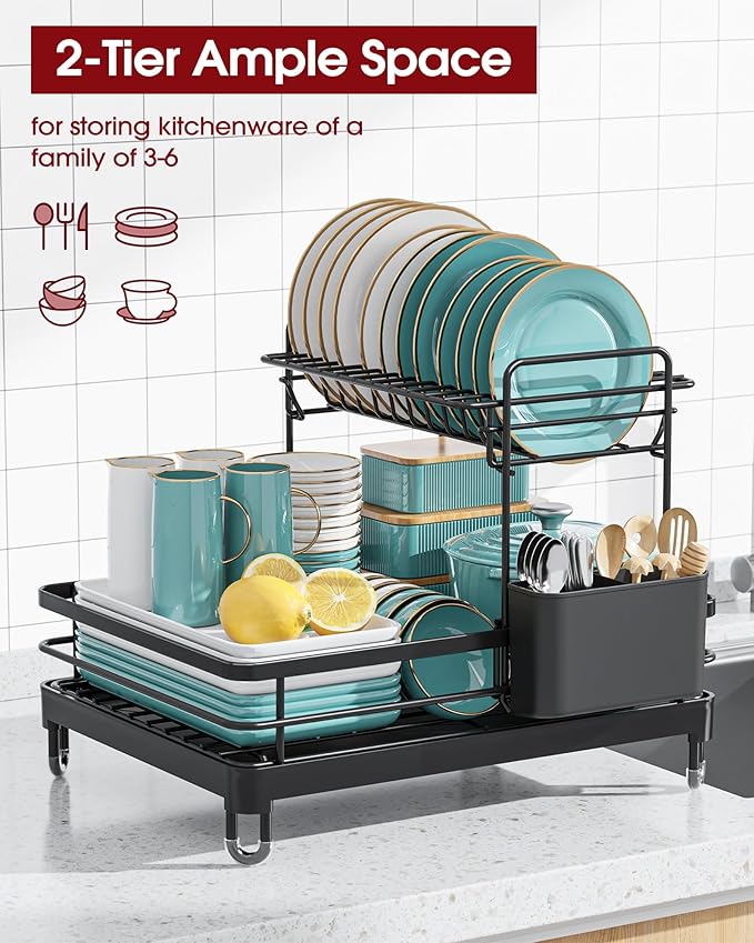 Dish Drying Rack - X-Large Stainless Steel Dish Rack for Kitchen Counter, 2-Tier Kitchen Organizers and Storage for Dishes, Bowls, Cutlery, Black