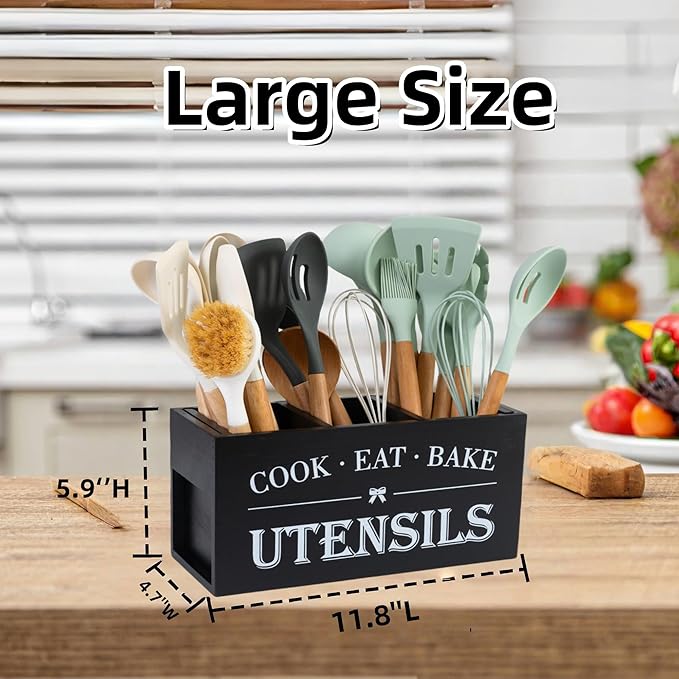 Utensil Holder,Large Wooden Utensil Holder For Kitchen Counter,Cooking Spatula Organizer,Big Storage Caddy With 3 Compartments Flatware Spoon Tool Cutlery (Black)