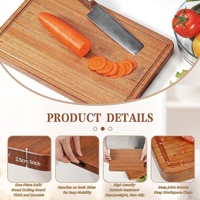 Solid Teak Wood Cutting Board Set One Piece Non Glued Large Thick Crack Resistant Wooden Chopping Board with DeepJuice Grooves Built in Handles for Kitchen Meat Vegetable 13x8.7IN&10.2X6.3IN