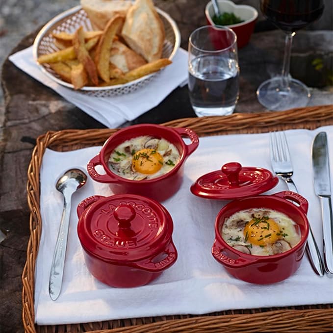 STAUB Ceramic Dutch Oven 3-piece Mini Round Cocotte, Cherry