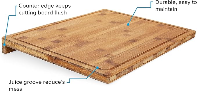 Camco Bamboo Cutting Board with Counter Edge | Perfect for Vegetables, Fruits, Meats, and Cheeses | Measures 18-inches x 14-inches x 1-3/4-inches (43545), Brown
