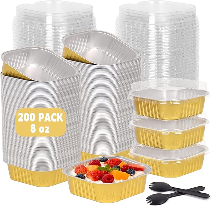 200 Pack 8 oz Gold Mini Aluminum Cake Pans with Lids and Spoons, Disposable Square Baking Cups, Oven Safe Foil Ramekins for Individual Desserts, Cupcakes, Cheesecakes Ramekins Muffin