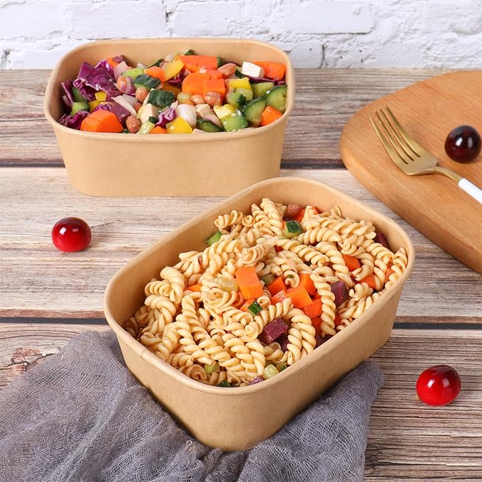 28 oz Disposable Kraft paper bowls with lids, Rectangle Food containers Soup Bowls Party Supplies Treat Bowls 50 Pack