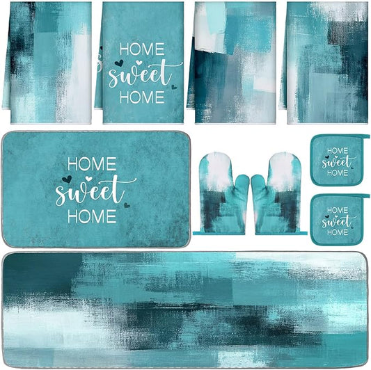 10 Pcs Teal Turquoise Oven Mitts and Pot Holders Kitchen Decor and Accessories Set Turquoise Kitchen Towels Modern Boho Oven Gloves for Home Decorations Cooking Baking Housewarming Gifts