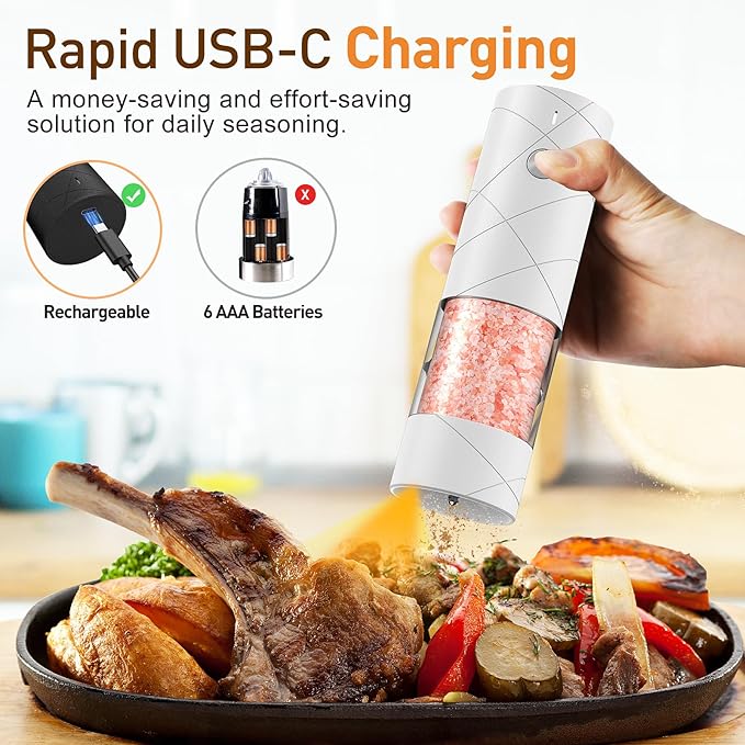 Electric Salt and Pepper Grinder Set, Rechargeable Automatic Pepper Mill Grinder with LED Light, House Warming Gifts New Home, One-Hand Operation for Kitchen Appliances(2 Pack Upgrade White)