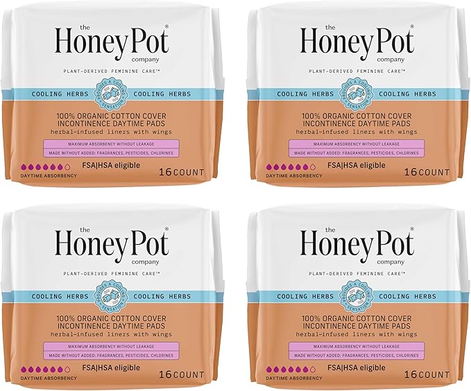 The Honey Pot Company - 64ct - Herbal Pads for Women - Organic Incontinence Daytime w/Wings. Infused w/Essential Oils for Cooling Effect & Postpartum Essentials - Feminine Care