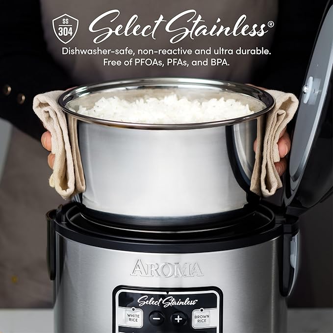 AROMA® Select Stainless® Rice Cooker, 4-Cup (Uncooked) / 8-Cup (Cooked), Stainless Steel Inner Pot, Multicooker, Steamer, 2 Qt, Stainless Steel, ARC-914SBDS