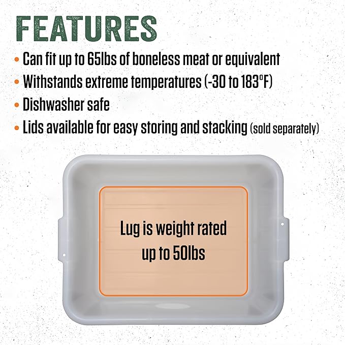 LEM Products Heavy Duty Meat Lug, Large Plastic Storage Containers for Meal Prep, High-Density Polyethylene (HDPE), White, 5-Pack