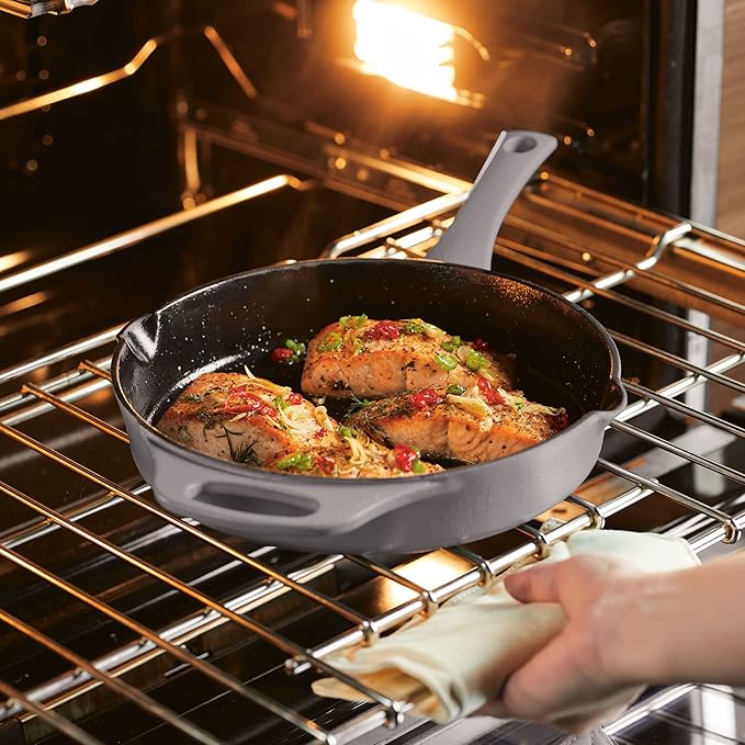 Rachael Ray NITRO Cast Iron Frying Pan/Skillet with Helper Handle and Pour Spouts, 10 Inch, Gray